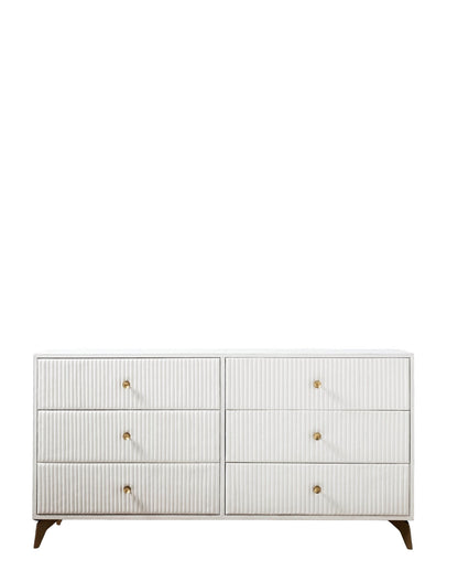 Stanford Ribbed Six-Drawer Leather Dresser white six drawers brass knobs brass-finished legs front view white background