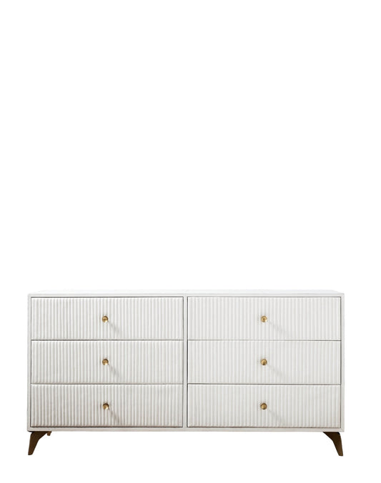 Stanford Ribbed Six-Drawer Leather Dresser white six drawers brass knobs brass-finished legs front view white background