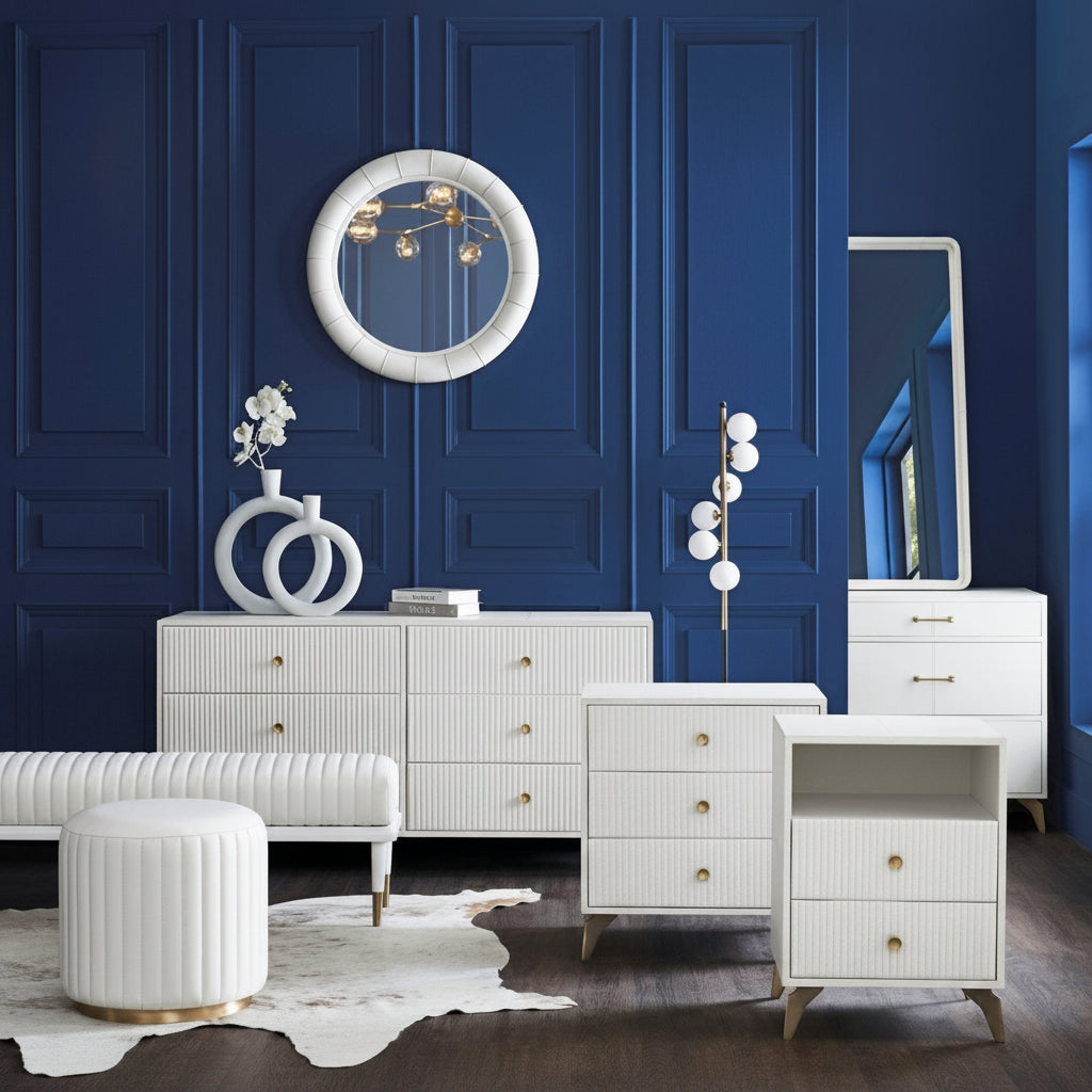Stanford Ribbed Six-Drawer Leather Dresser white styled bedroom navy blue paneled wall round mirror ribbed ottoman nightstand tall chest cowhide rug hardwood floor