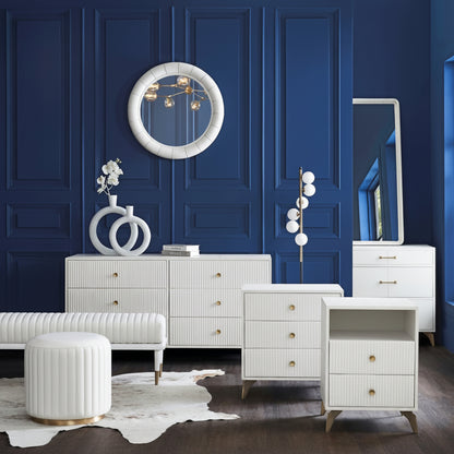 Stanford Ribbed Six-Drawer Leather Dresser white styled bedroom navy blue paneled wall round mirror ribbed ottoman nightstand tall chest cowhide rug hardwood floor