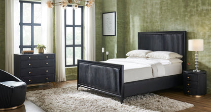 Stanford Round Fluted Leather Nightstand black styled green bedroom fluted bed dresser chandelier crystal lamp hardwood floor full room view