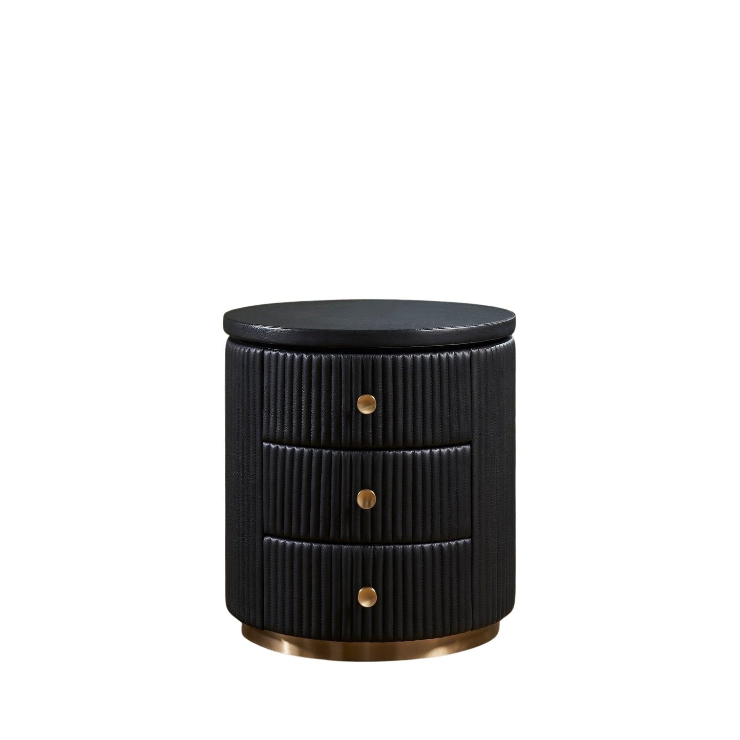 Stanford Round Fluted Leather Nightstand black three drawers brass knobs brass rim base front view white background