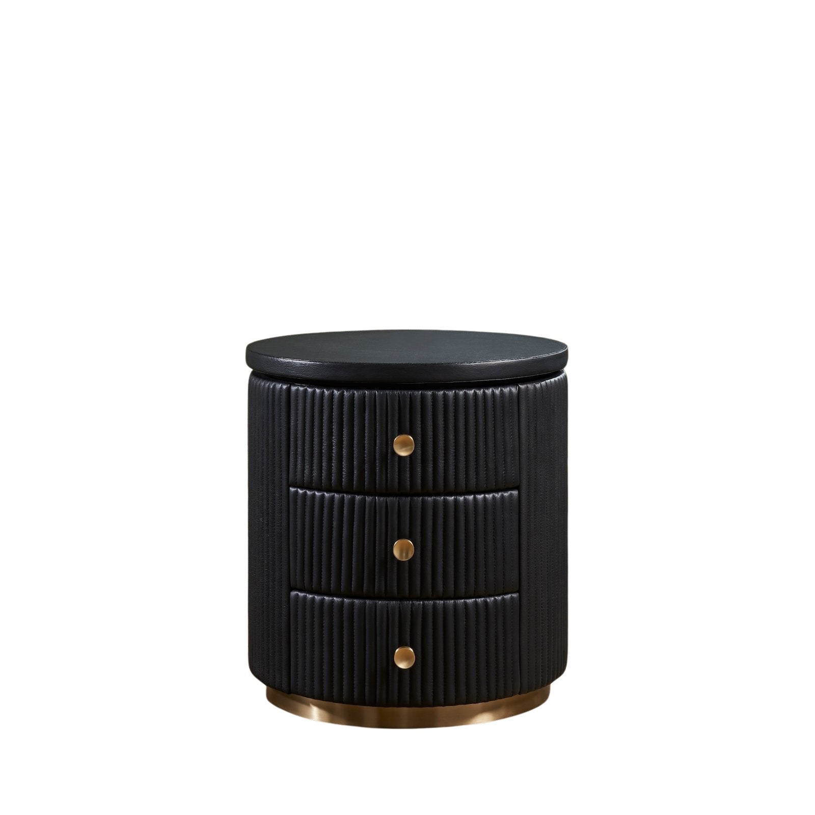 Stanford Round Fluted Leather Nightstand black three drawers brass knobs brass rim base front view white background