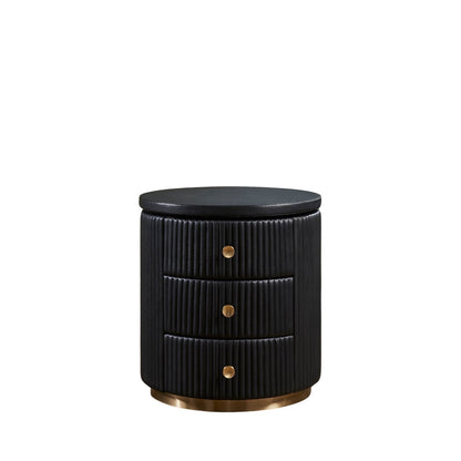 Stanford Round Fluted Leather Nightstand black three drawers brass knobs brass rim base front view white background