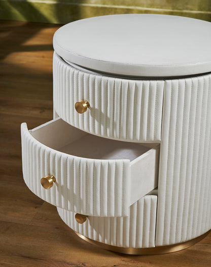 Stanford Round Fluted Leather Nightstand white drawer open fluted leather detail brass knobs brass rim base close up angled view