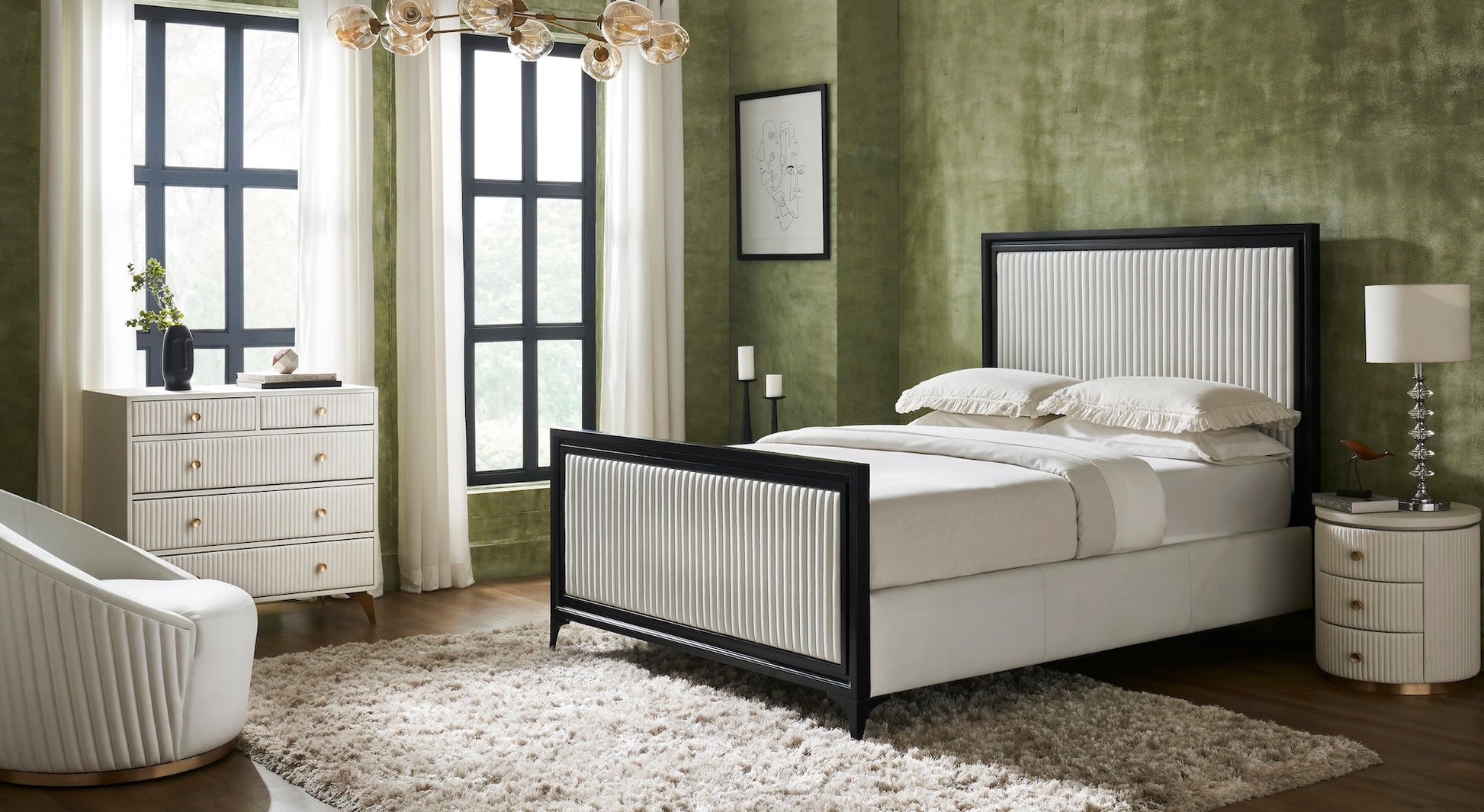 Stanford Round Fluted Leather Nightstand white styled green bedroom with fluted bed dresser accent chair chandelier hardwood floor