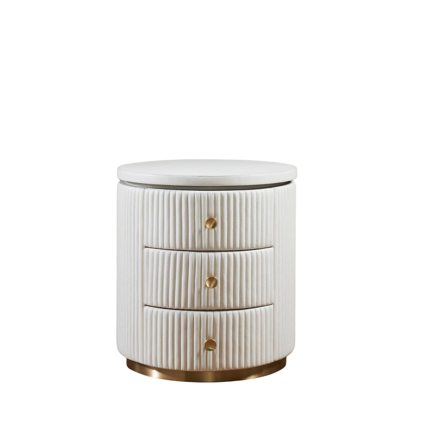 Stanford Round Fluted Leather Nightstand white three drawers brass knobs brass rim base front view white background