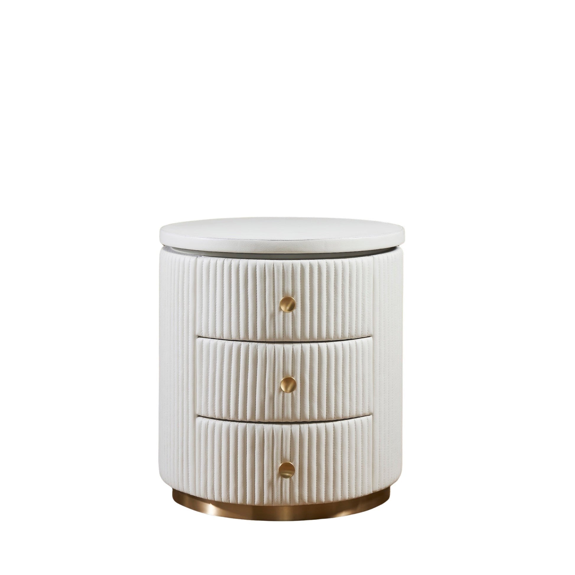 Stanford Round Fluted Leather Nightstand white three drawers brass knobs brass rim base front view white background