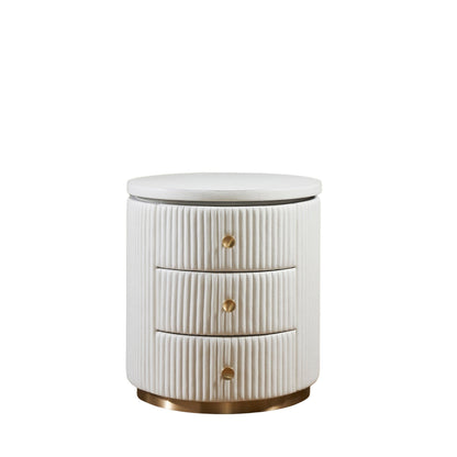 Stanford Round Fluted Leather Nightstand white three drawers brass knobs brass rim base front view white background