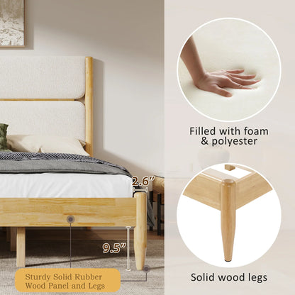 Detailed view of a Durable Rubberwood Frame showcasing 2.6-inch thick solid wood legs, a 9.5-inch under-bed storage clearance, and high-density foam-filled upholstery for a premium Solid Wood Bed.