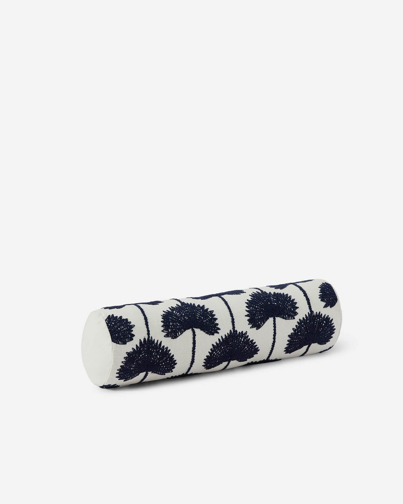Sunday Citizen Palm Leaf Embroidered Bolster Pillow Navy Off White angled flat lay