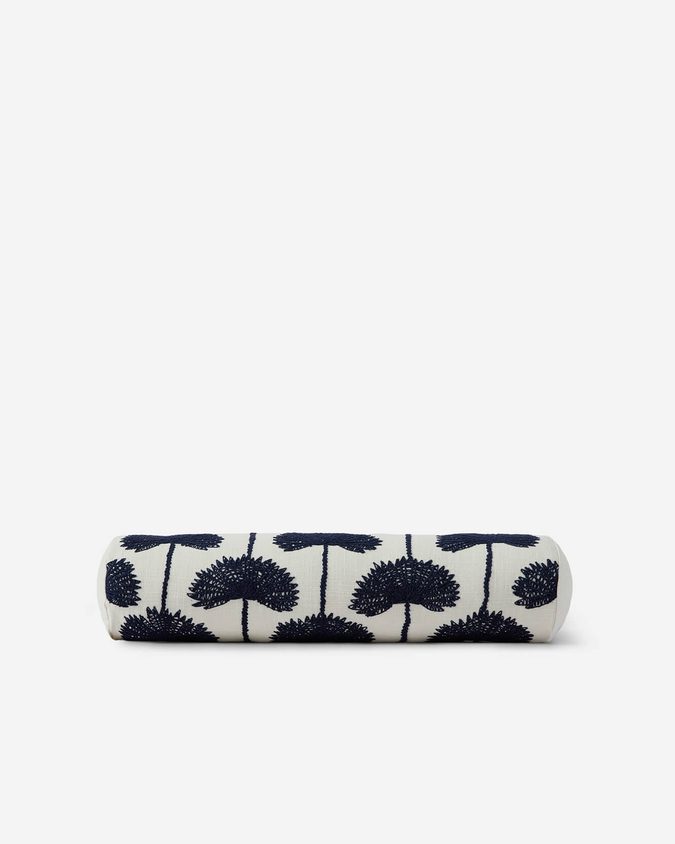 Sunday Citizen Palm Leaf Embroidered Bolster Pillow Navy Off White flat lay 