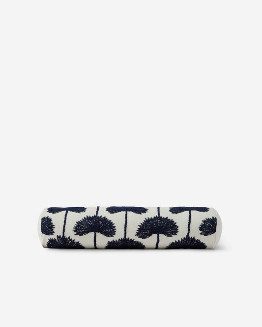 Sunday Citizen Palm Leaf Embroidered Bolster Pillow Navy Off White flat lay 