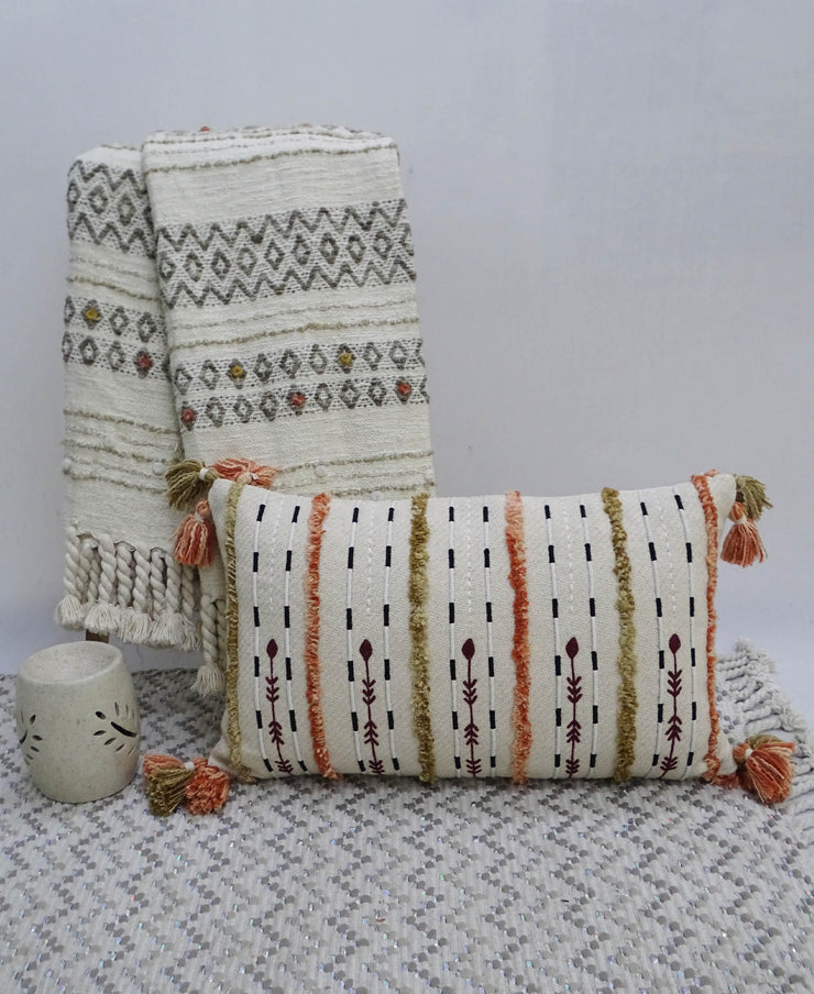 Handwoven Throw Pillow with Fringes 14"X 24" - Fluent Trends Throw Pillow