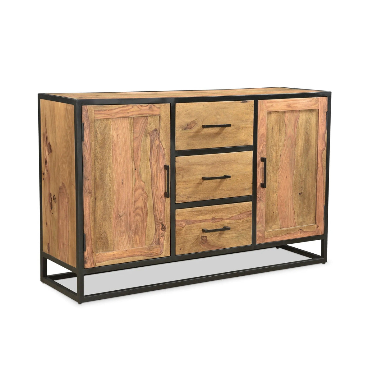 Angled view of Raven sheesham wood side board showing the light brown wood top and side panel, three drawers, two doors, and black iron frame.
