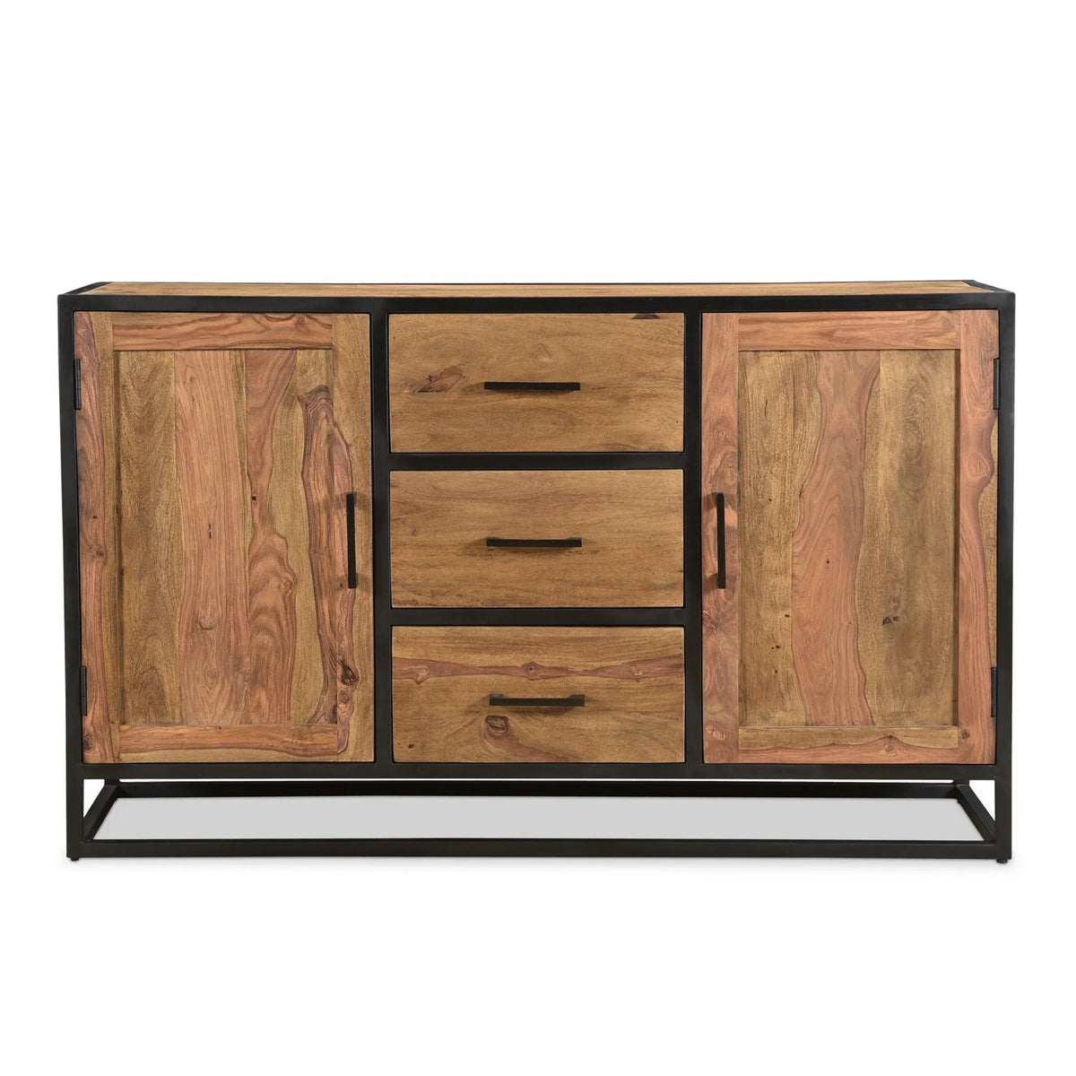 Front view of Raven sheesham wood side board with light brown wood, three central drawers, two cabinet doors, and a black iron frame.