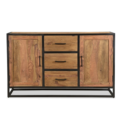 Front view of Raven sheesham wood side board with light brown wood, three central drawers, two cabinet doors, and a black iron frame.