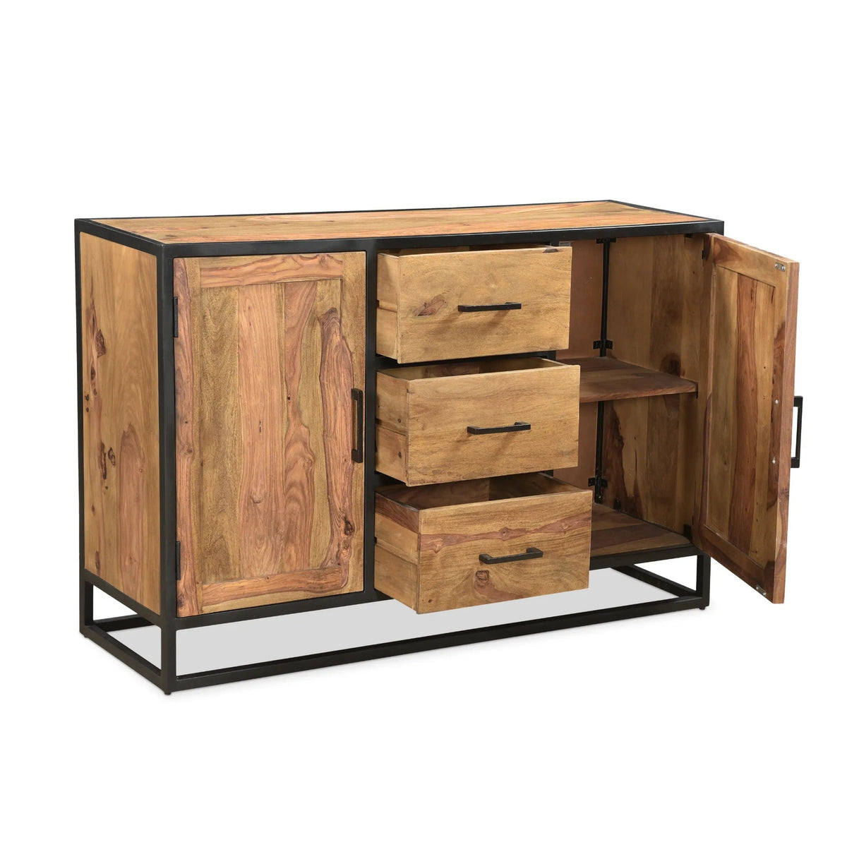 Angled view of Raven sheesham wood side board with three drawers extended and the right cabinet door open, revealing an interior shelf.