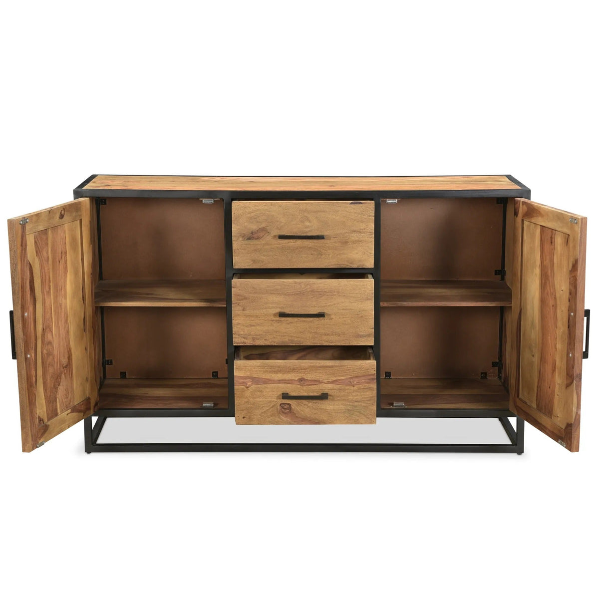 Raven sheesham wood side board with both hinged doors open, showing a shelf in each side compartment, three central drawers, and a black iron base.
