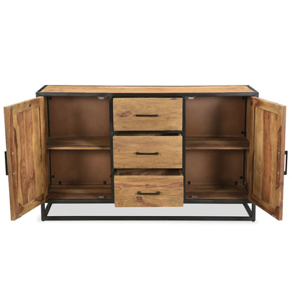 Raven sheesham wood side board with both hinged doors open, showing a shelf in each side compartment, three central drawers, and a black iron base.