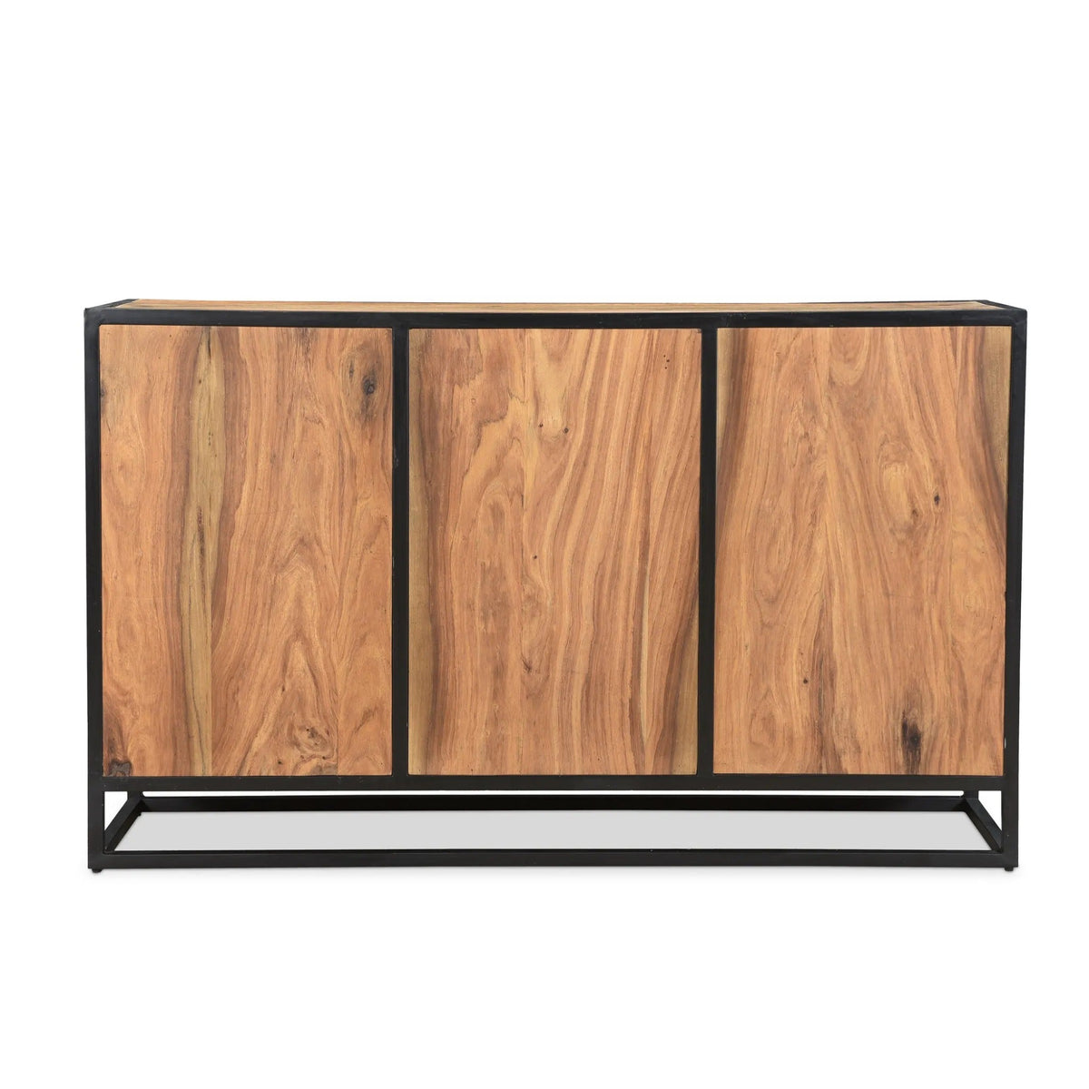 Rear view of Raven sheesham wood side board showing three light brown wood panels with natural grain, black iron frame divisions, and an open rectangular base.