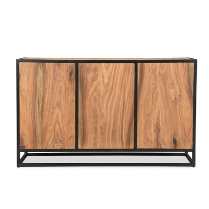 Rear view of Raven sheesham wood side board showing three light brown wood panels with natural grain, black iron frame divisions, and an open rectangular base.