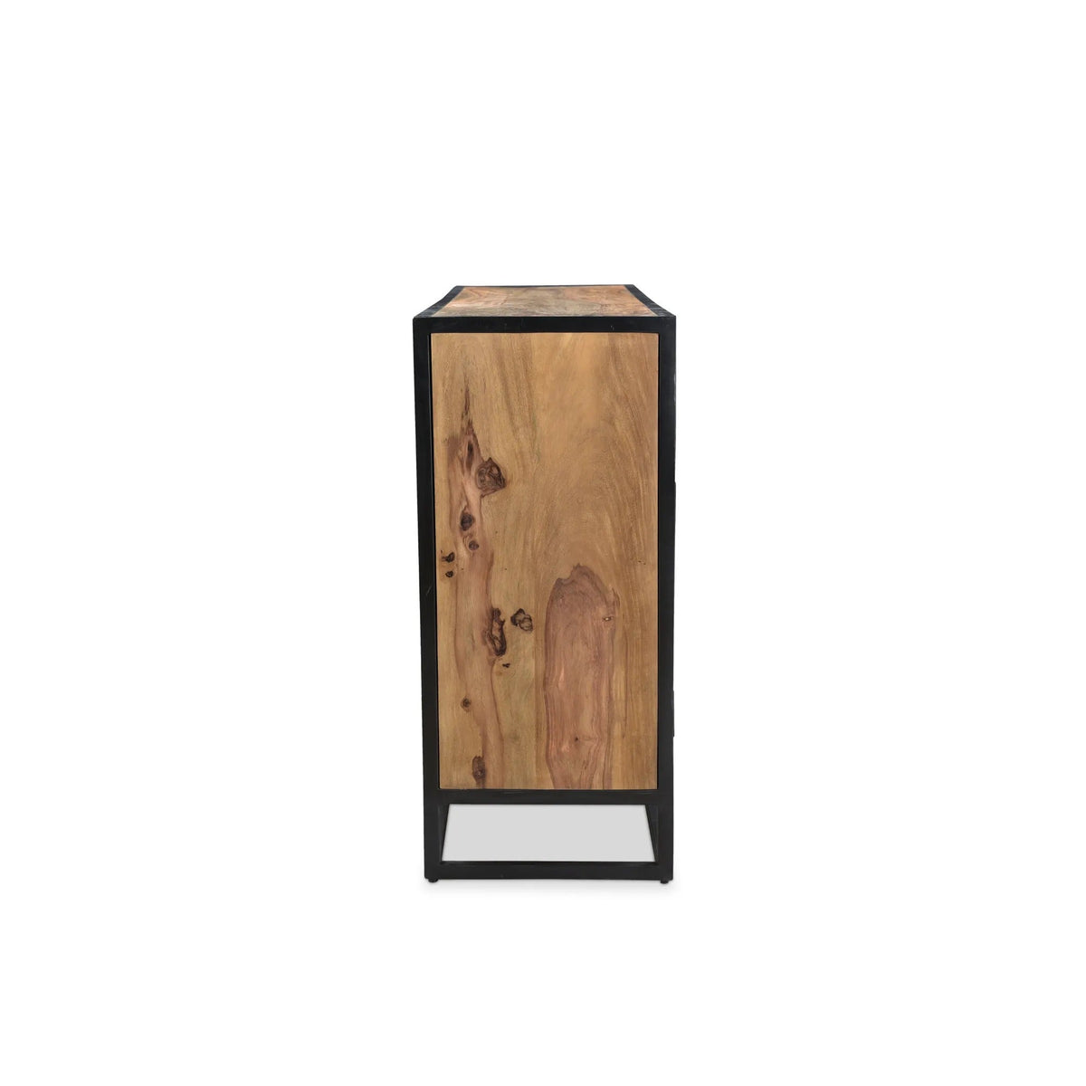 Side view of Raven sheesham wood side board showing a light brown wood panel with natural grain and knots, surrounded by a black iron frame.