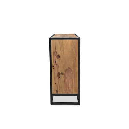 Side view of Raven sheesham wood side board showing a light brown wood panel with natural grain and knots, surrounded by a black iron frame.