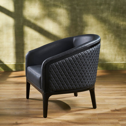 Top-Grain Leather Lounge Chair black angled rear view diamond quilting hardwood legs natural light