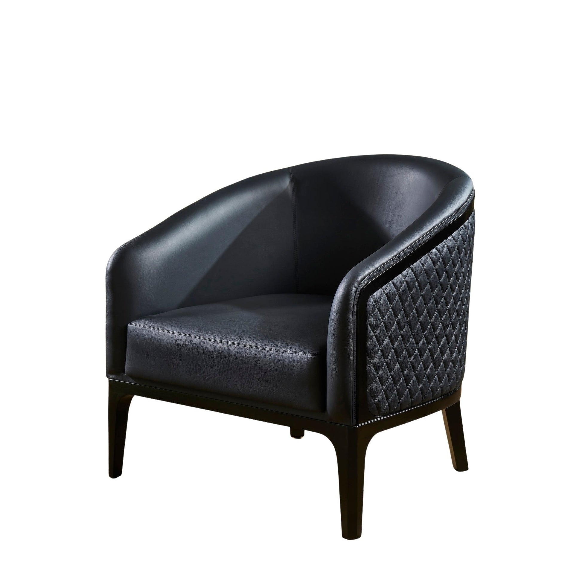 Top-Grain Leather Lounge Chair black three quarter view diamond quilting white background product shot