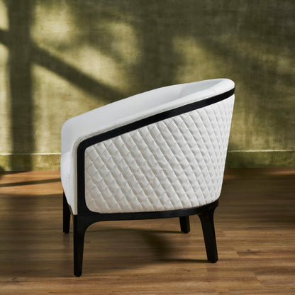 Top-Grain Leather Lounge Chair white diamond quilting rear view hardwood legs natural light