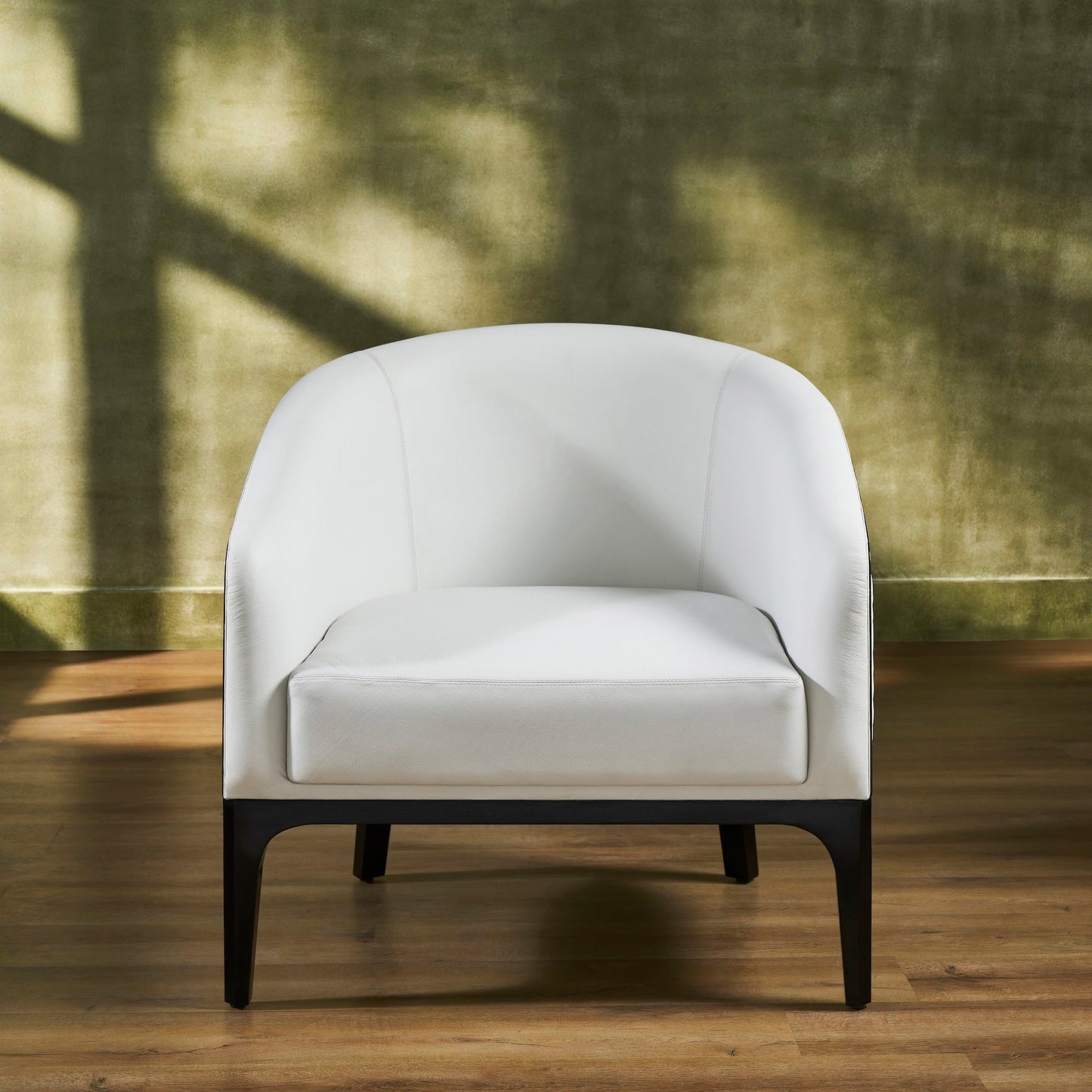 Top-Grain Leather Lounge Chair white front view curved back tight seat hardwood legs natural light