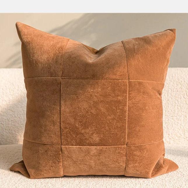 Wabi-Sabi Cotton Linen Throw Pillow in Caramel with Quilted Patchwork Detail | Fluent Trends