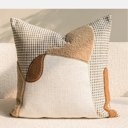 Wabi-Sabi Cotton Linen Throw Pillow in Grayish Brown with Mixed Texture Patchwork Detail | Fluent Trends