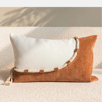 Wabi-Sabi Cotton Linen Lumbar Pillow in White with Caramel Jute Rope Detail | Fluent Trends