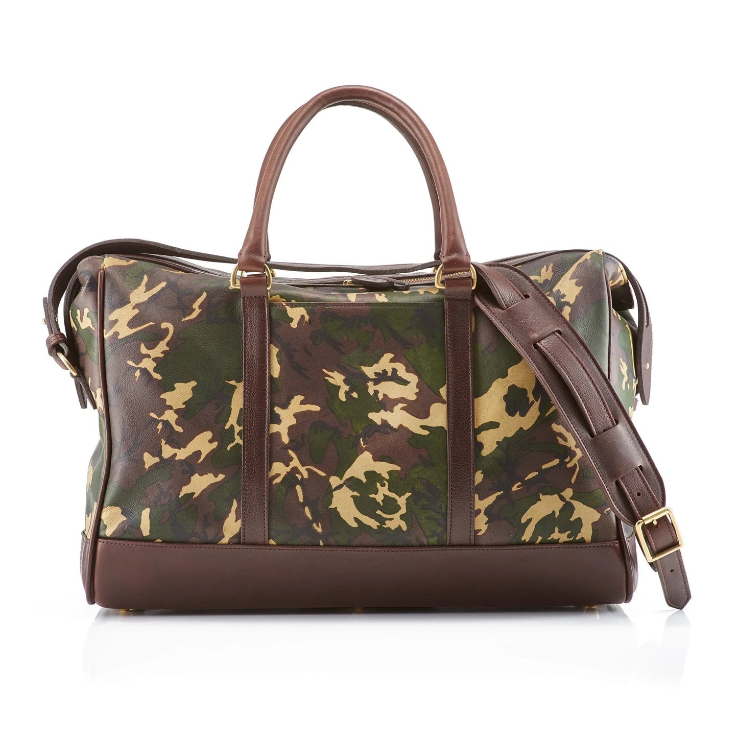 Wanderlust Leather Weekender Tan Camo front angle view showing floral camo sheepskin pattern brown leather trim handles and gold zipper hardware

