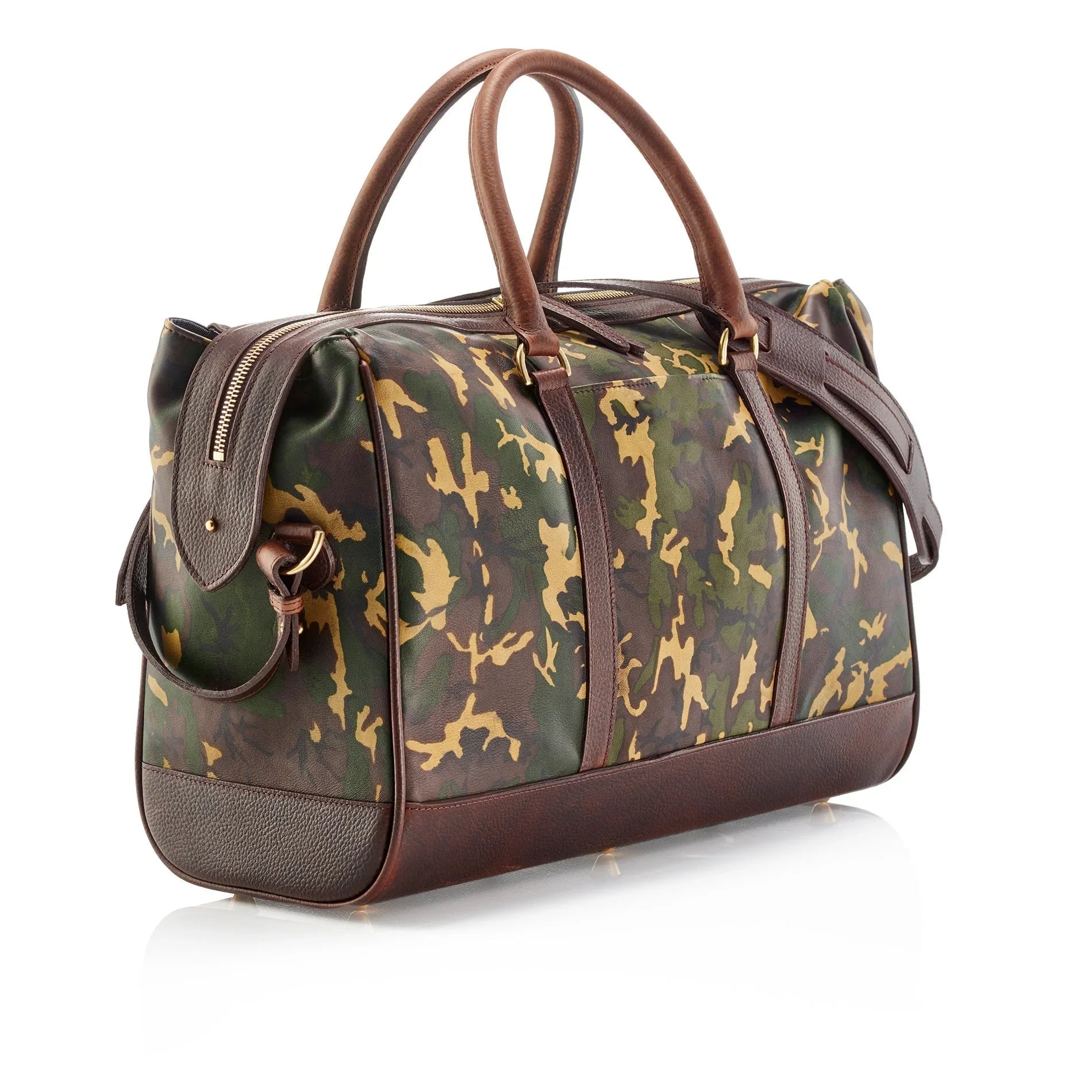 Wanderlust Leather Weekender Tan Camo sheepskin duffel with dark brown English milled leather trim rolled handles and gold tone hardware on white background

