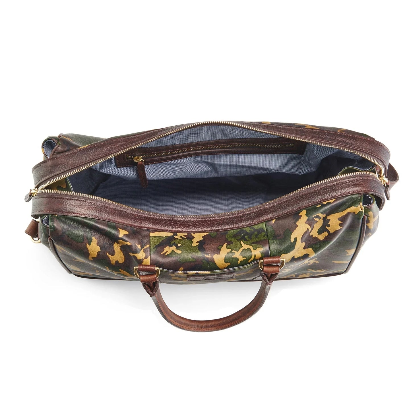 Wanderlust Leather Weekender Tan Camo top-down view showing sheepskin body leather trim zipper pulls and structured interior opening

