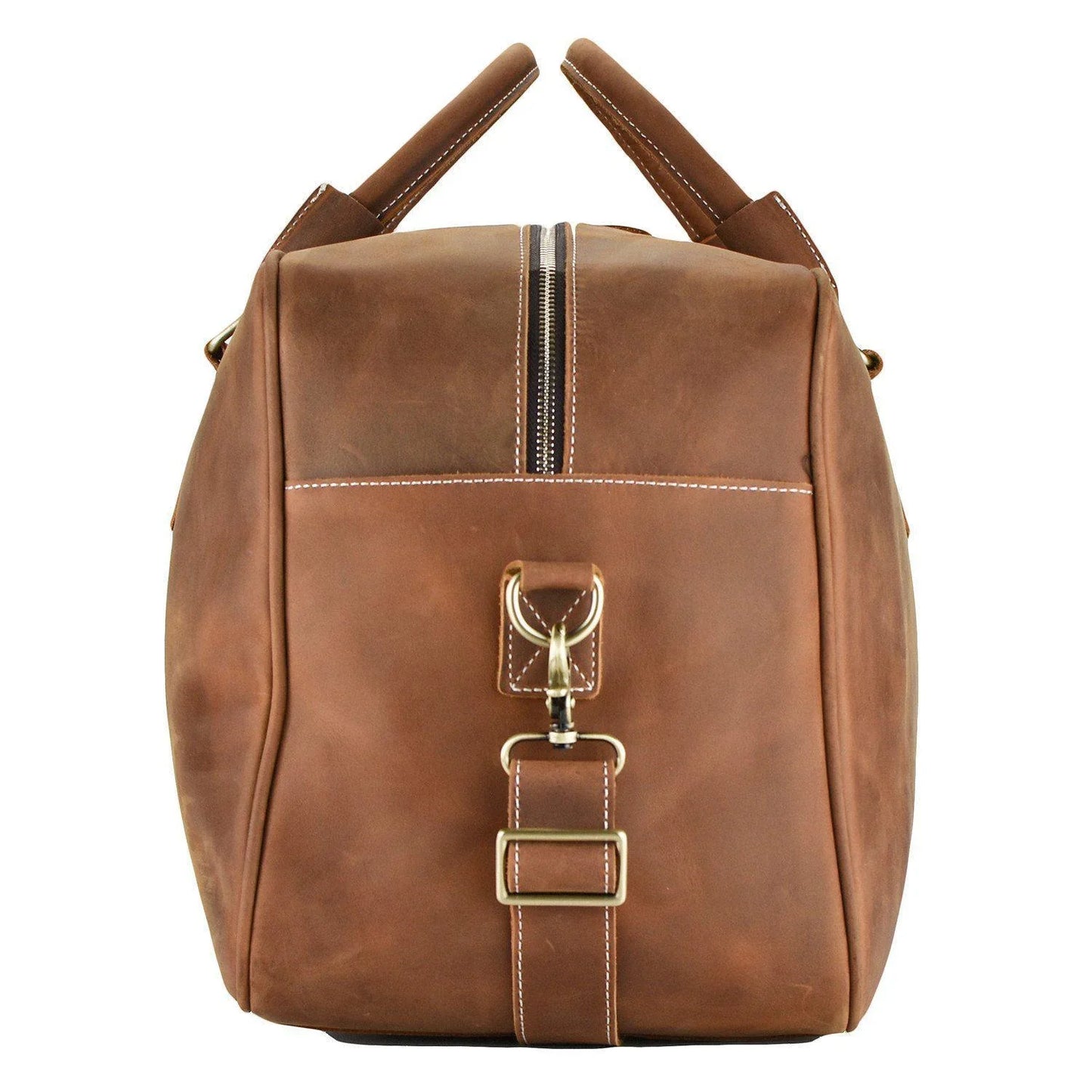 WANDERLUST Roadster leather travel bag end panel view showing brass strap hardware white contrast stitching and cowhide texture detail

