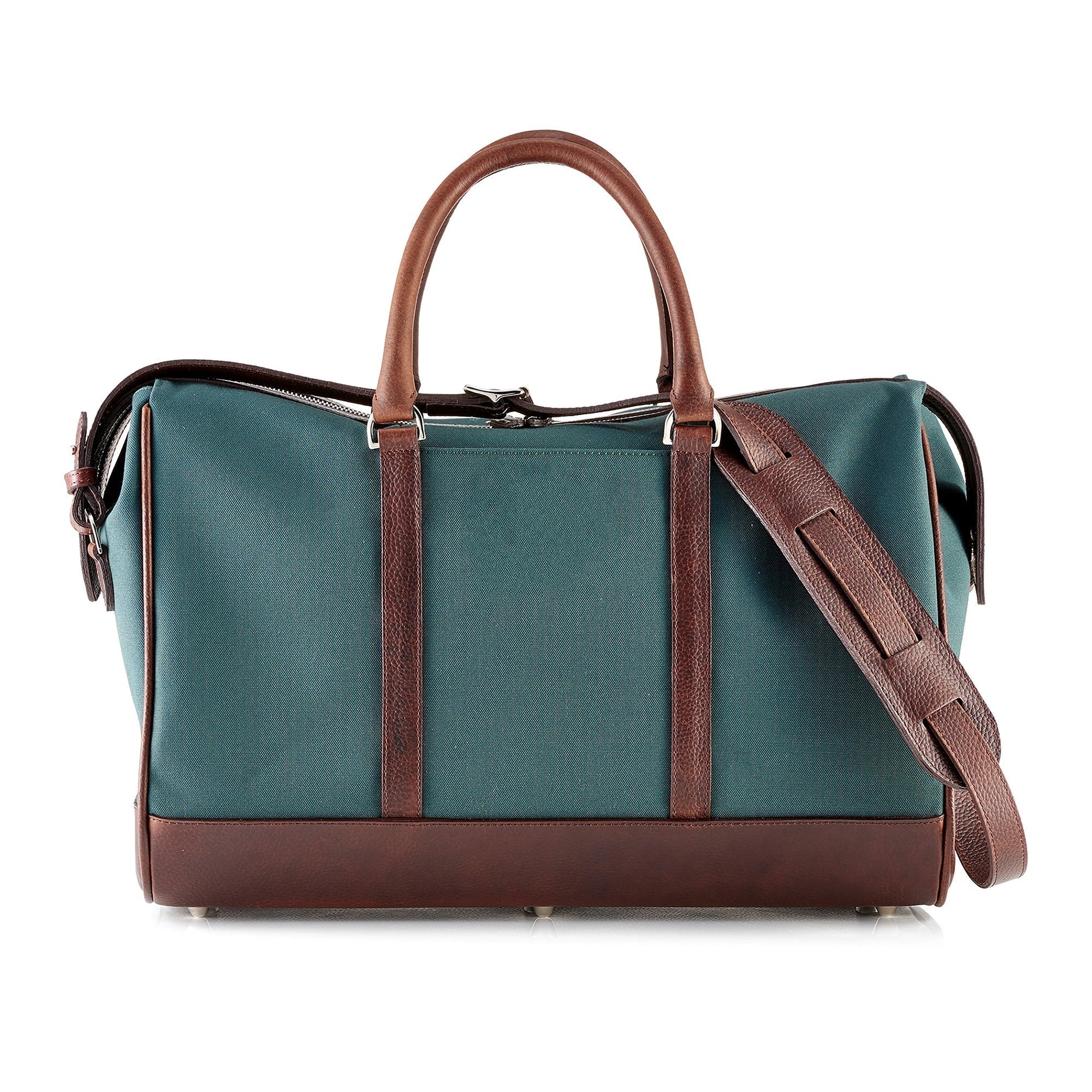 Wanderlust Weekender canvas duffel Classic Green front view showing structured waterproof canvas body leather trim zipper pulls and shoulder strap

