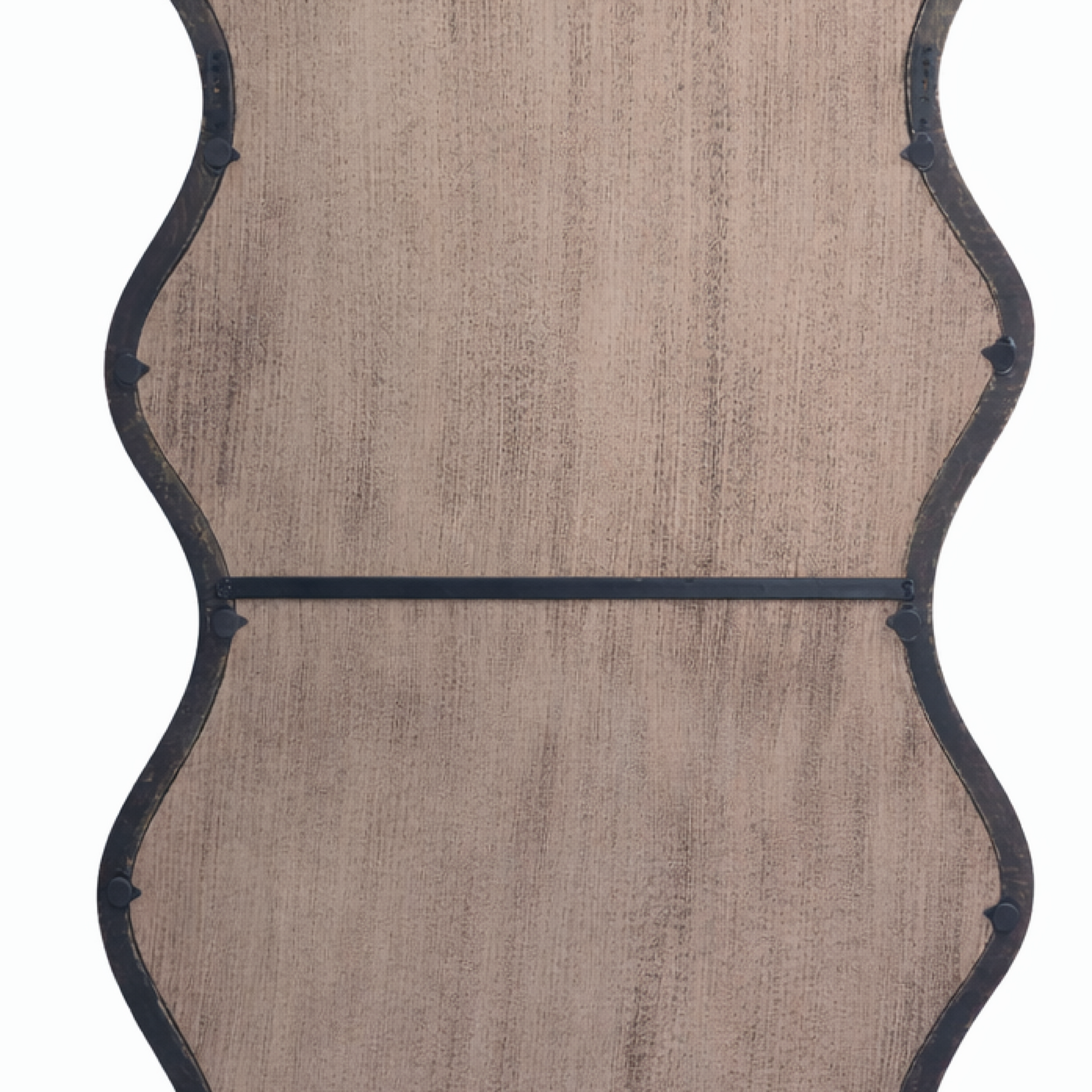 Close-up of wavy mango wood wall mirror back panel showing natural wood grain texture and sturdy black frame construction detail

