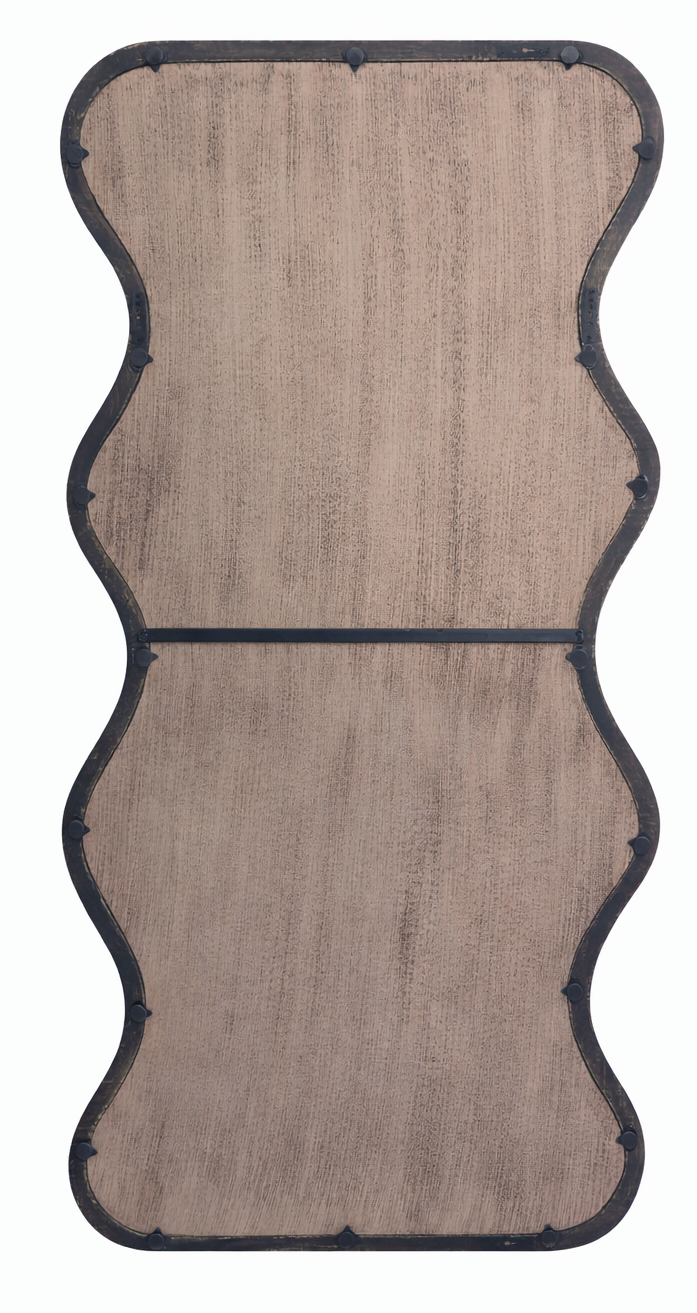 Back view of wavy mango wood wall mirror showing natural wood grain panel and wavy sculptural frame construction against white background

