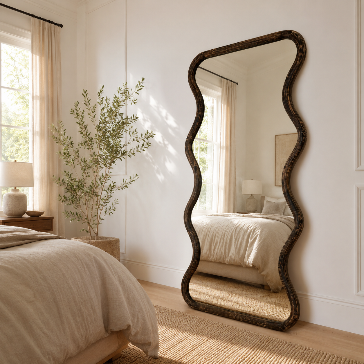 Wavy mango wood wall mirror styled in a bright bedroom beside an olive tree with brown antique frame leaning against white wall

