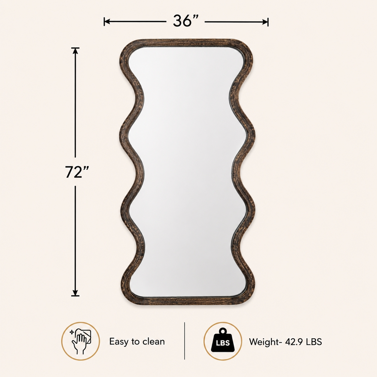 Wavy mango wood wall mirror dimensions showing 36 inches wide and 72 inches high weighing 42.9 pounds with easy-to-clean surface

