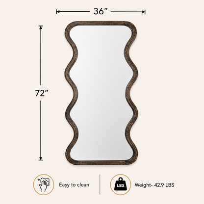 Wavy mango wood wall mirror dimensions showing 36 inches wide and 72 inches high weighing 42.9 pounds with easy-to-clean surface

