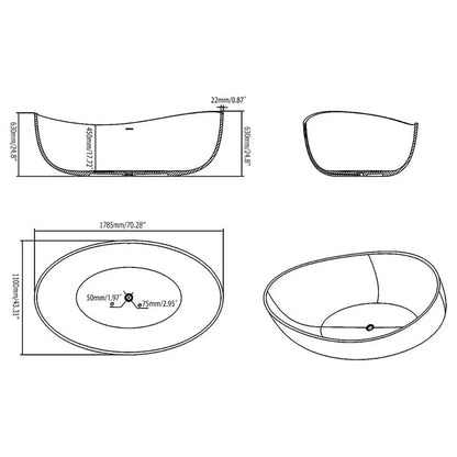 WBT Premium Freestanding Extra Large Oval Stone Besin Soaking Bathtub, 71" (SAK80751) SAKSBY.com