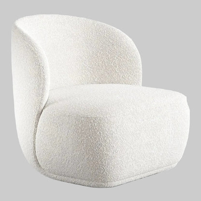 Studio shot of a white boucle barrel chair featuring a soft gray background that highlights its curved armless design and textured material.