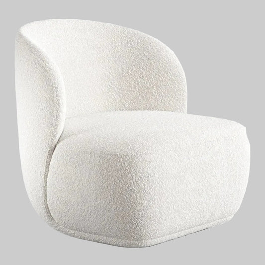 Studio shot of a white boucle barrel chair featuring a soft gray background that highlights its curved armless design and textured material.