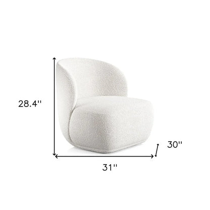 Dimension diagram of the white boucle barrel chair showing a width of 31 inches, a depth of 30 inches, and a height of 28.4 inches.