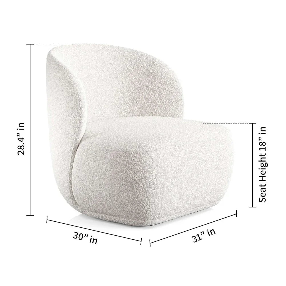 Detailed dimension chart of the white boucle barrel chair highlighting the 18-inch seat height, 31-inch width, 30-inch depth, and 28.4-inch overall height.